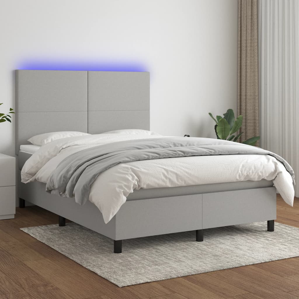 Krevet box spring s madracem LED svjetlosivi 140x190 cm tkanina