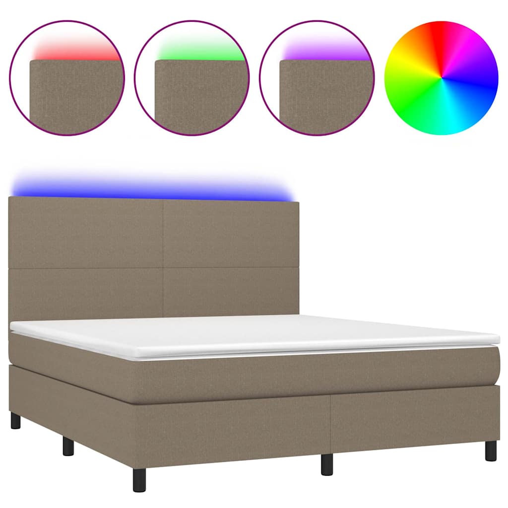 Krevet box spring s madracem LED smeđesivi 180x200 cm tkanina