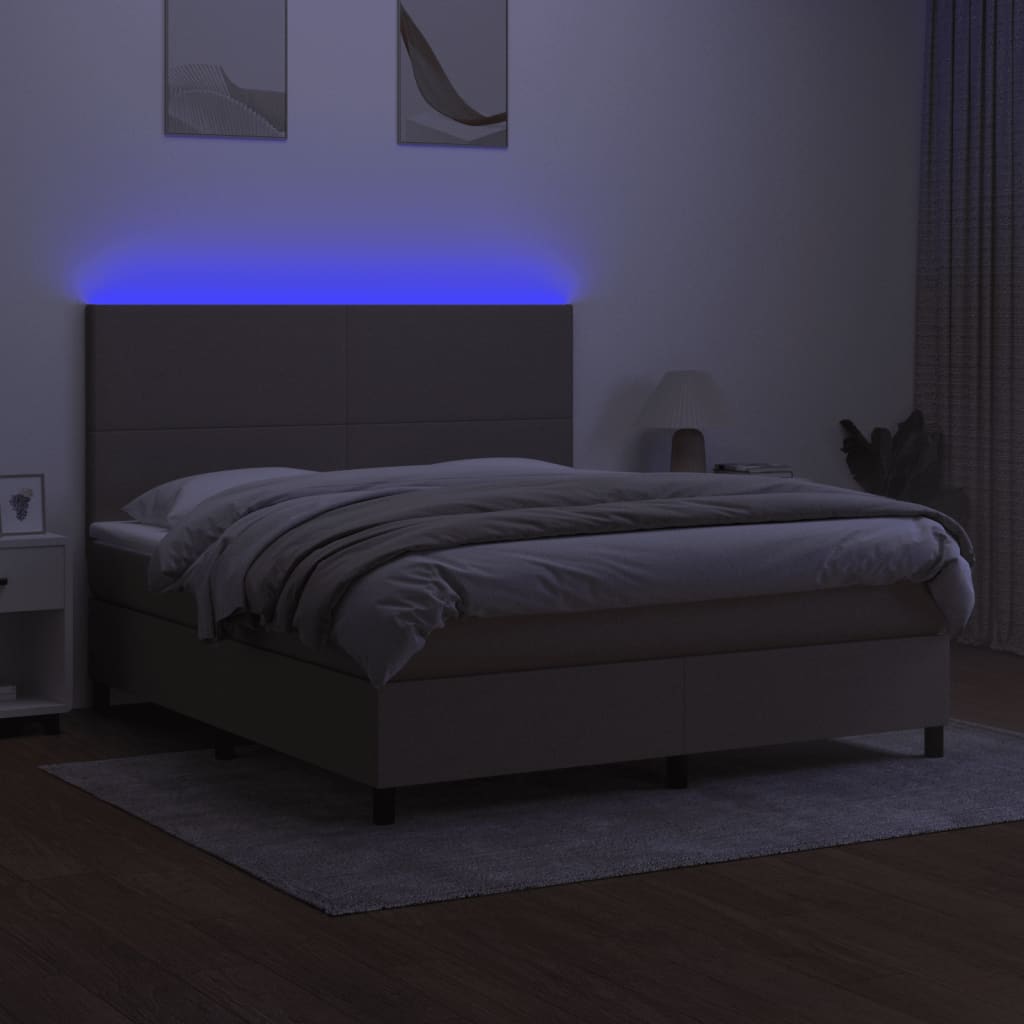 Krevet box spring s madracem LED smeđesivi 180x200 cm tkanina