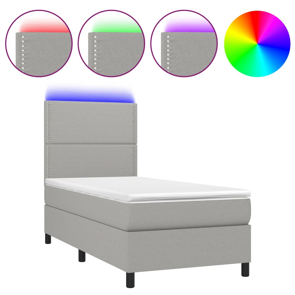 Krevet box spring s madracem LED svjetlosivi 90x190 cm tkanina