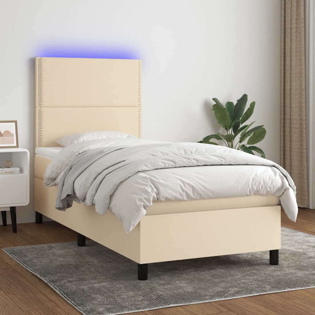 Krevet box spring s madracem LED krem 90x190 cm od tkanine