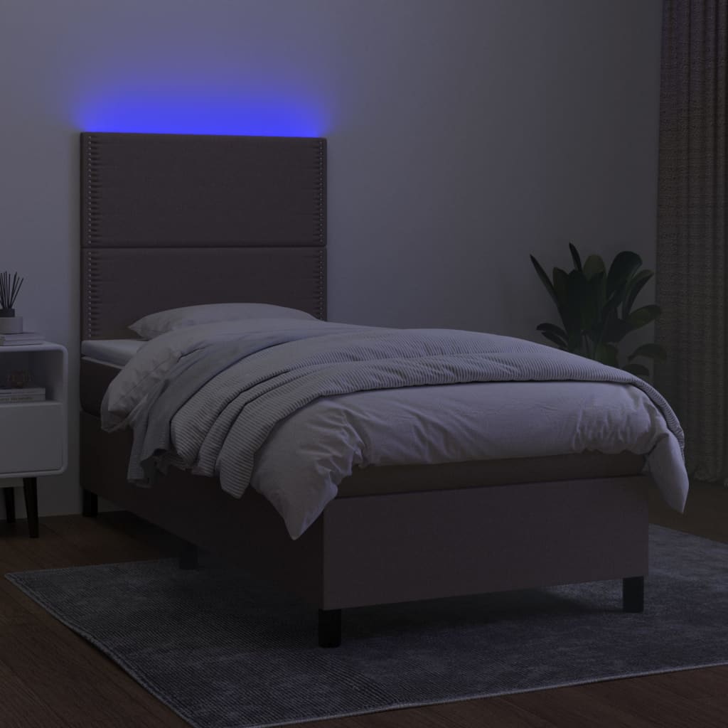 Krevet box spring s madracem LED smeđesivi 100x200 cm tkanina
