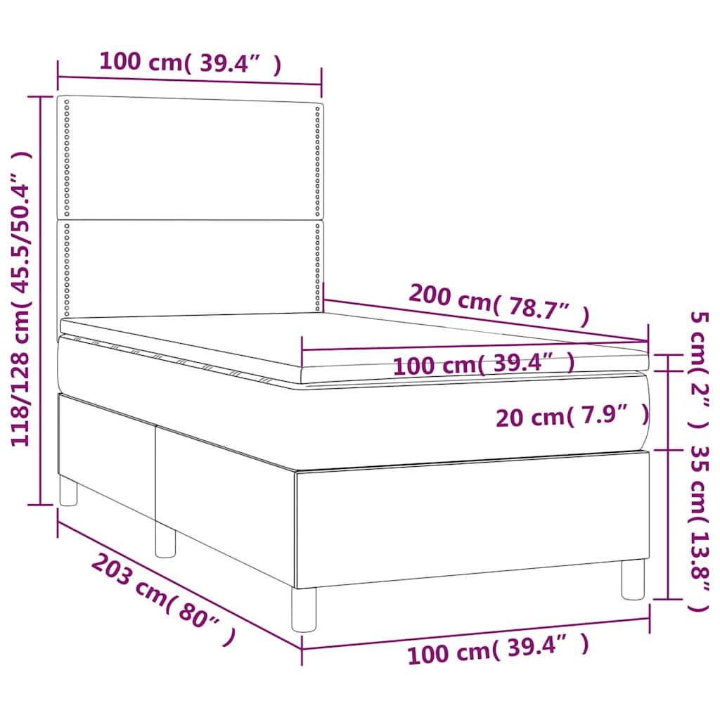 Krevet box spring s madracem LED smeđesivi 100x200 cm tkanina
