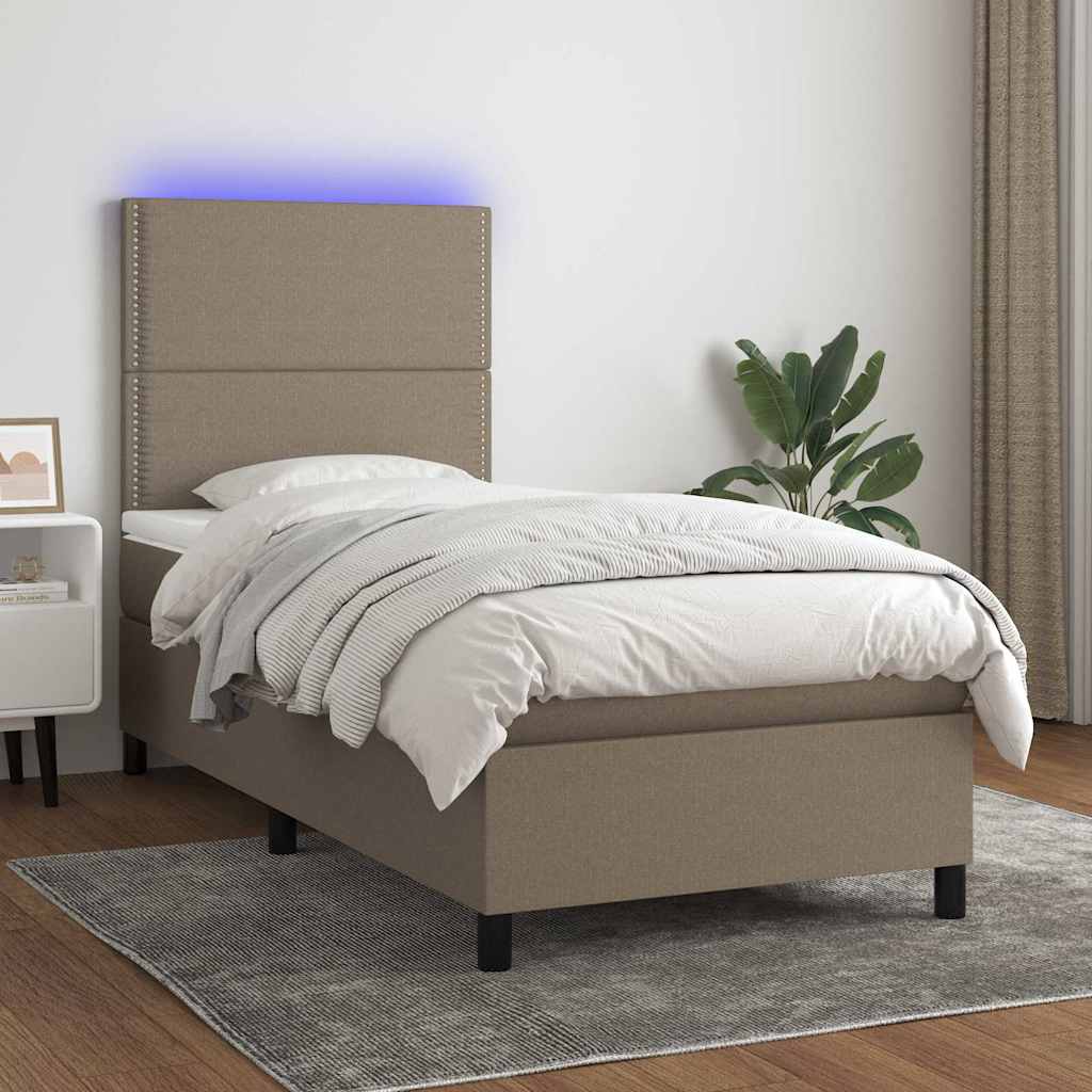Krevet box spring s madracem LED smeđesivi 100x200 cm tkanina