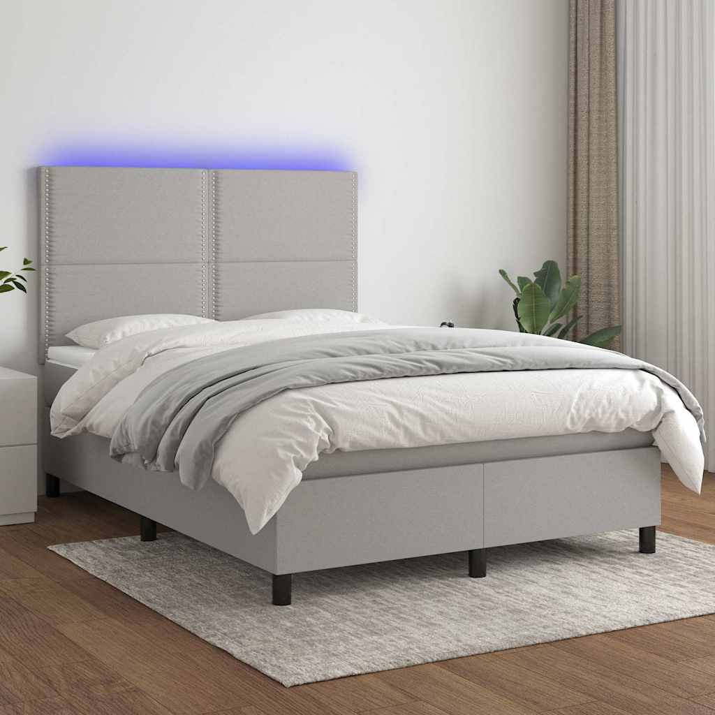 Krevet box spring s madracem LED svjetlosivi 140x190 cm tkanina