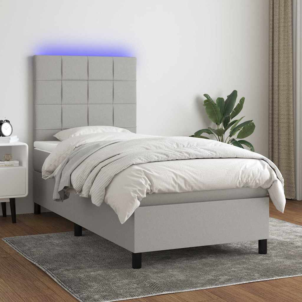 Krevet box spring s madracem LED svjetlosivi 90x200 cm tkanina