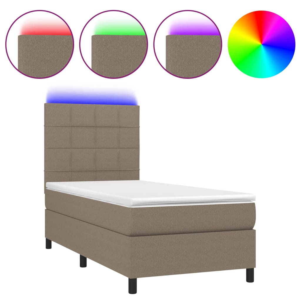 Krevet box spring s madracem LED smeđesivi 90x200 cm tkanina