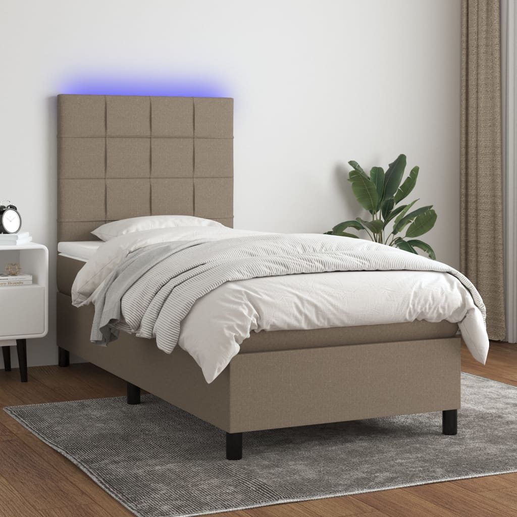 Krevet box spring s madracem LED smeđesivi 90x200 cm tkanina