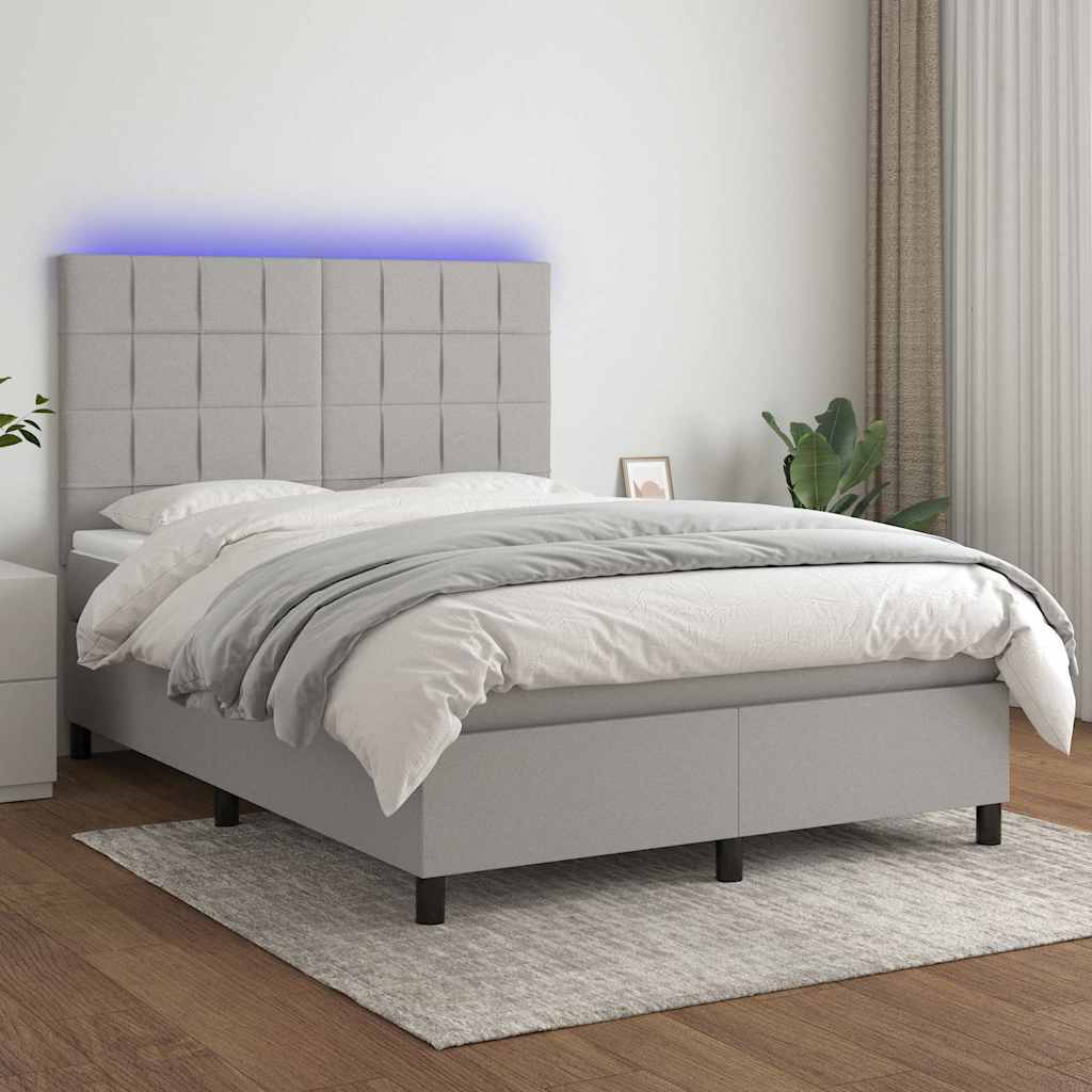 Krevet box spring s madracem LED svjetlosivi 140x190 cm tkanina