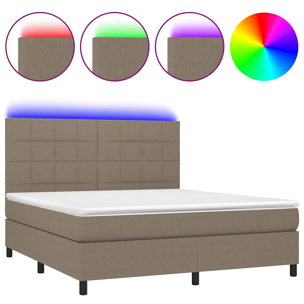 Krevet box spring s madracem LED smeđesivi 180x200 cm tkanina