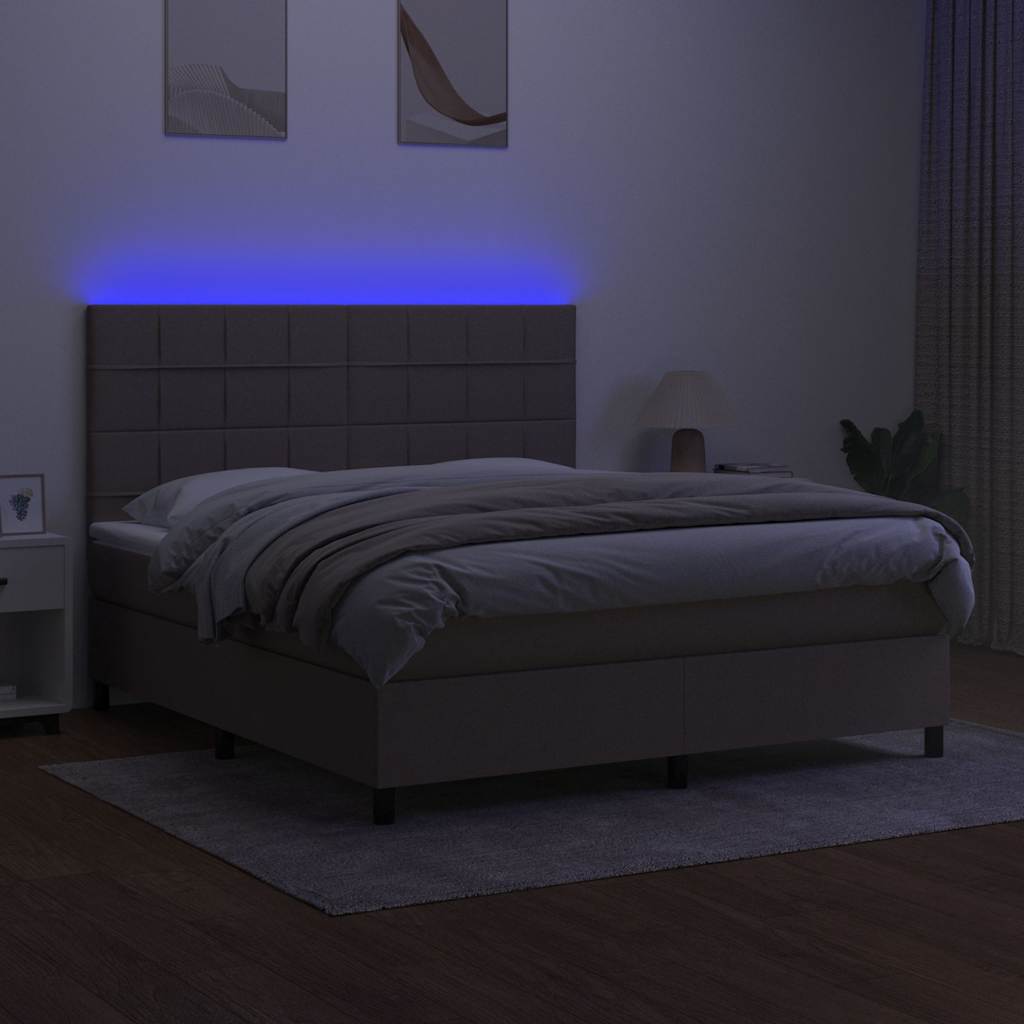 Krevet box spring s madracem LED smeđesivi 180x200 cm tkanina