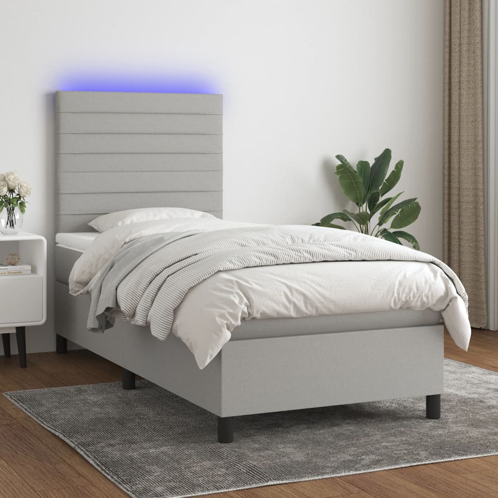 Krevet box spring s madracem LED svjetlosivi 90x190 cm tkanina