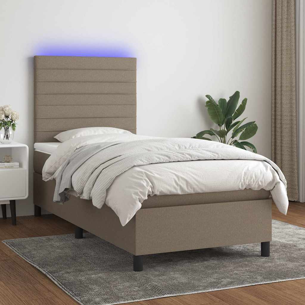 Krevet box spring s madracem LED smeđesivi 90x190 cm tkanina