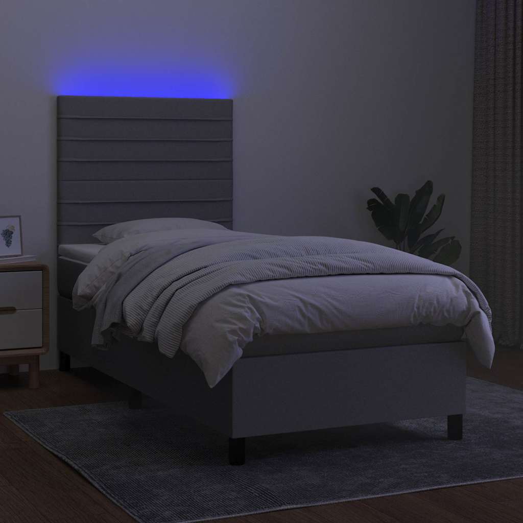 Krevet box spring s madracem LED svjetlosivi 90x200 cm tkanina