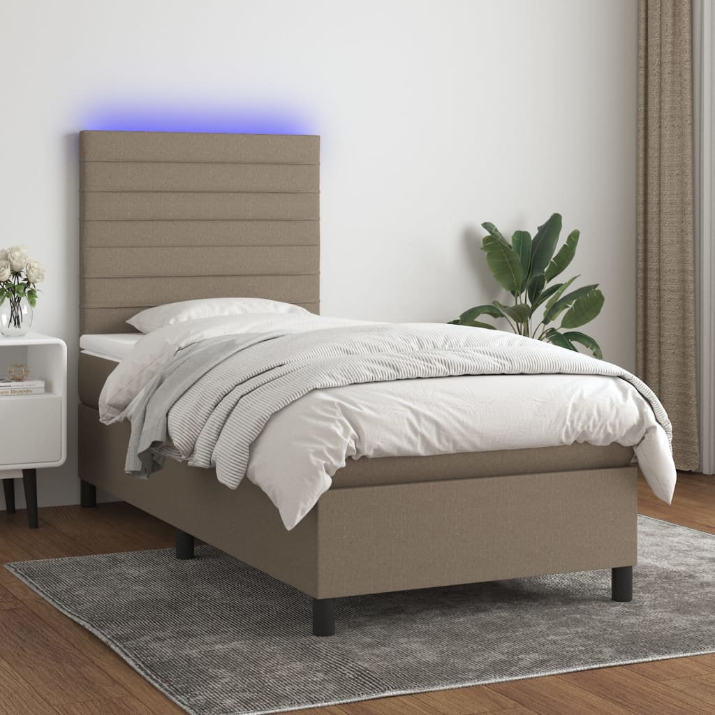 Krevet box spring s madracem LED smeđesivi 100x200 cm tkanina