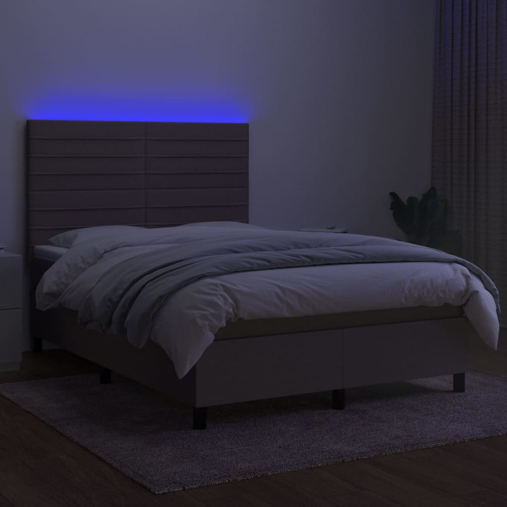 Krevet box spring s madracem LED smeđesivi 140x200 cm tkanina