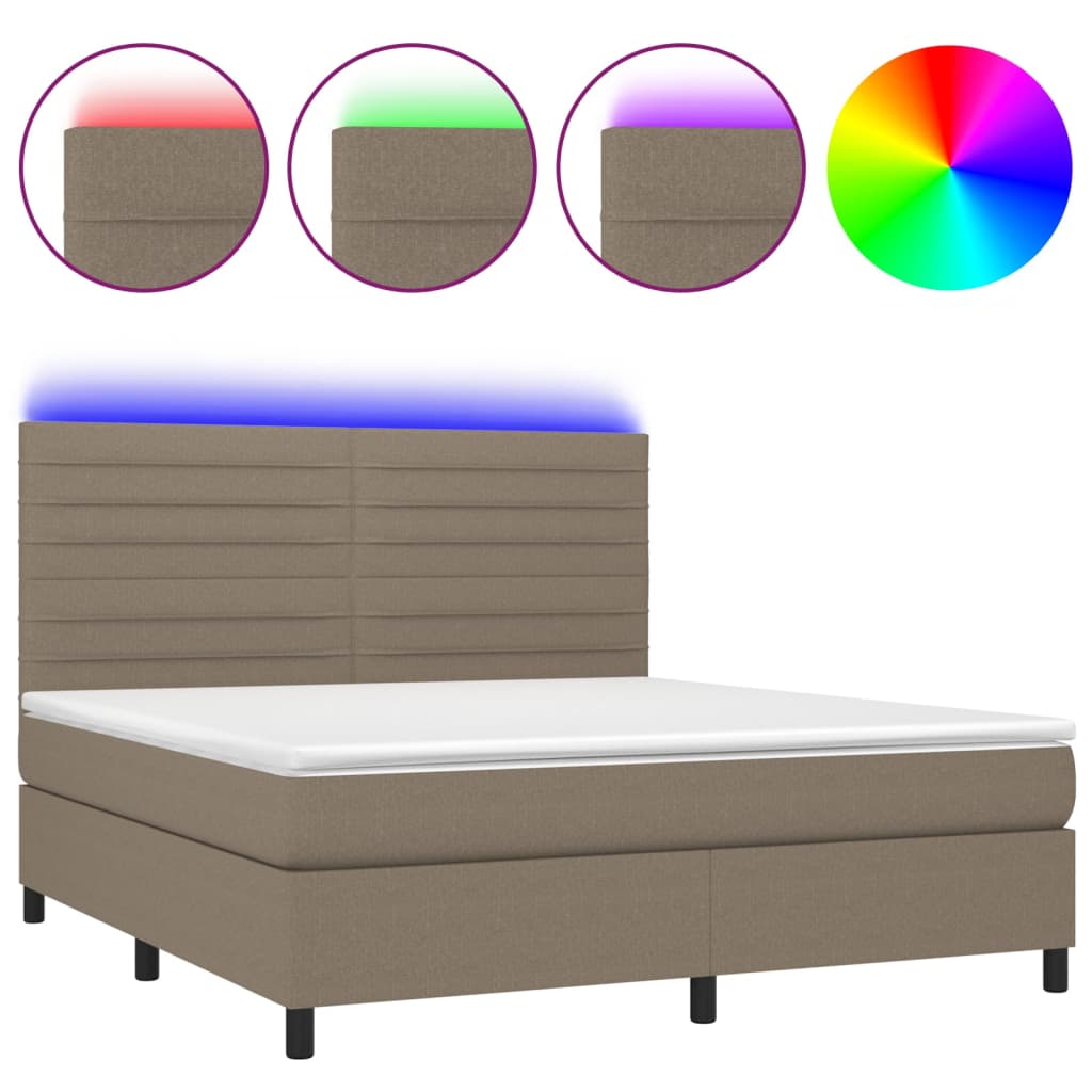 Krevet box spring s madracem LED smeđesivi 180x200 cm tkanina