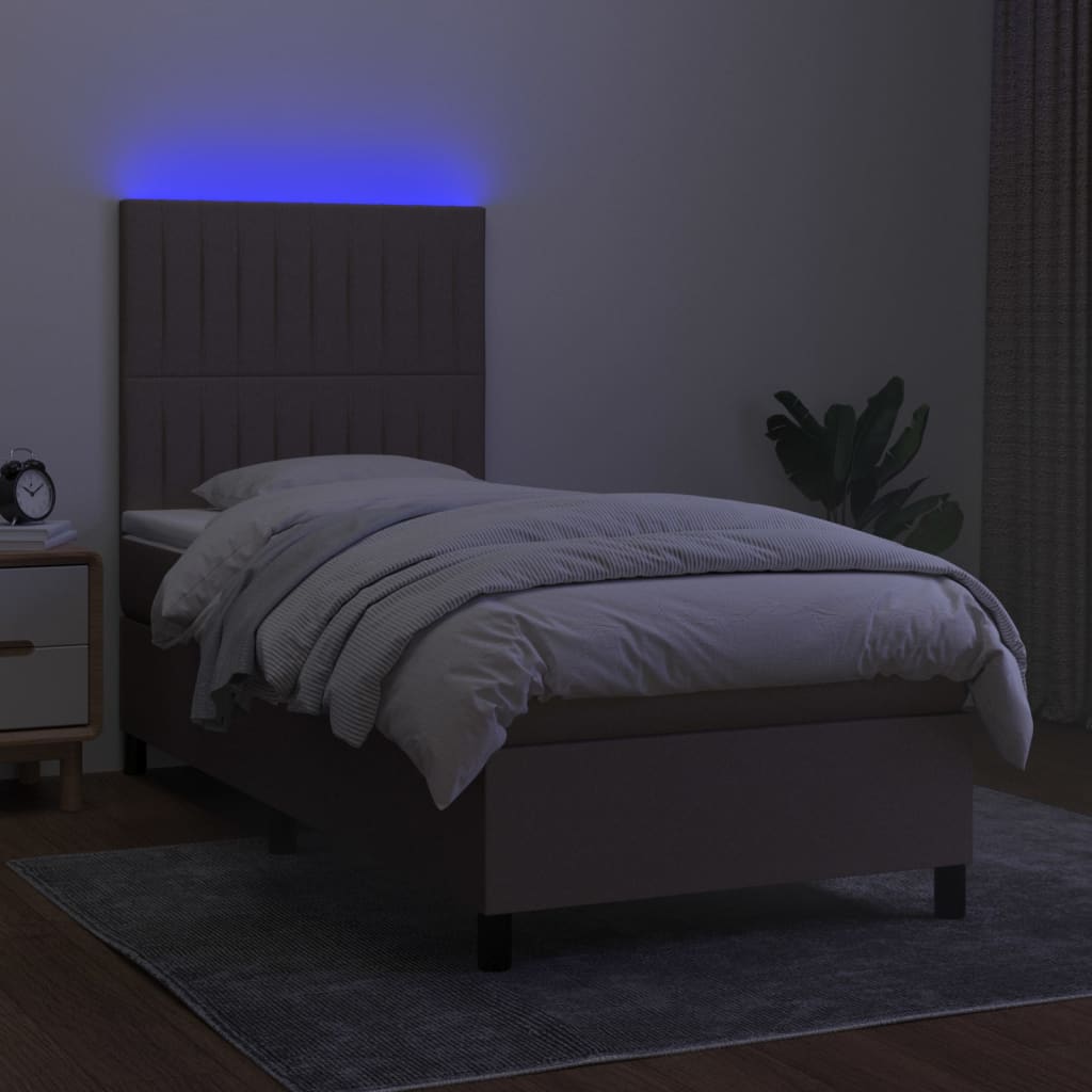 Krevet box spring s madracem LED smeđesivi 100x200 cm tkanina