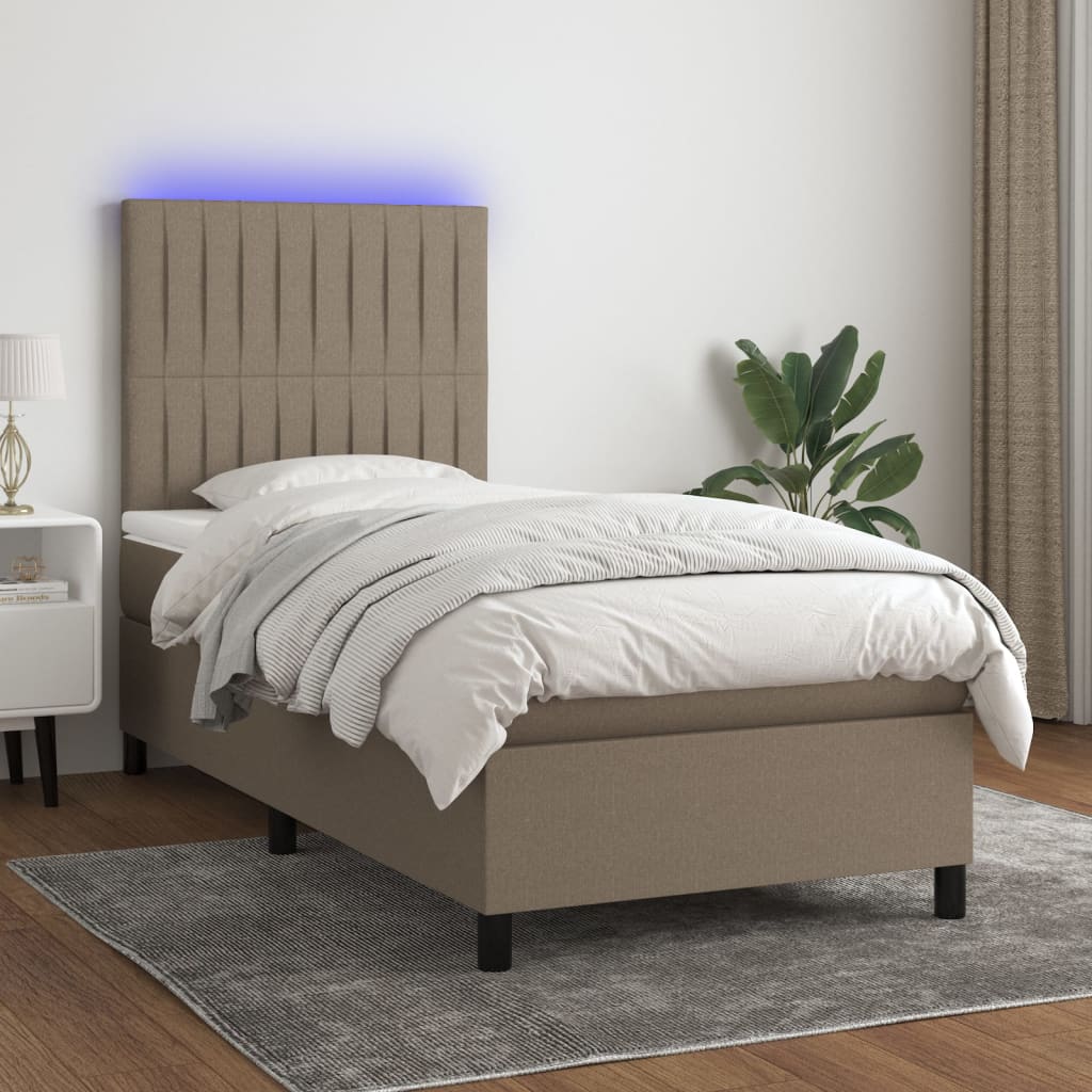 Krevet box spring s madracem LED smeđesivi 100x200 cm tkanina