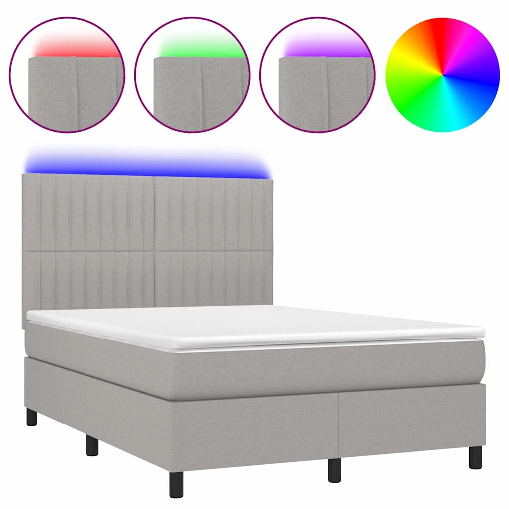 Krevet box spring s madracem LED svjetlosivi 140x190 cm tkanina