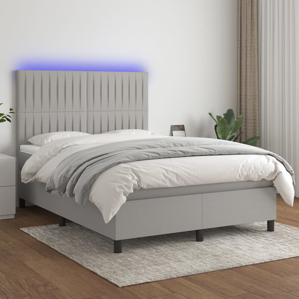 Krevet box spring s madracem LED svjetlosivi 140x190 cm tkanina