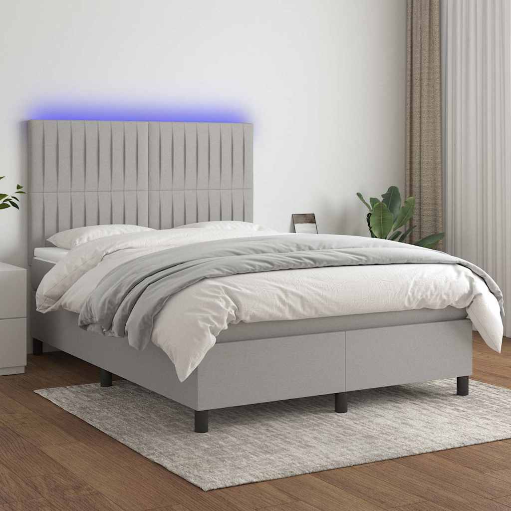 Krevet box spring s madracem LED svjetlosivi 140x190 cm tkanina