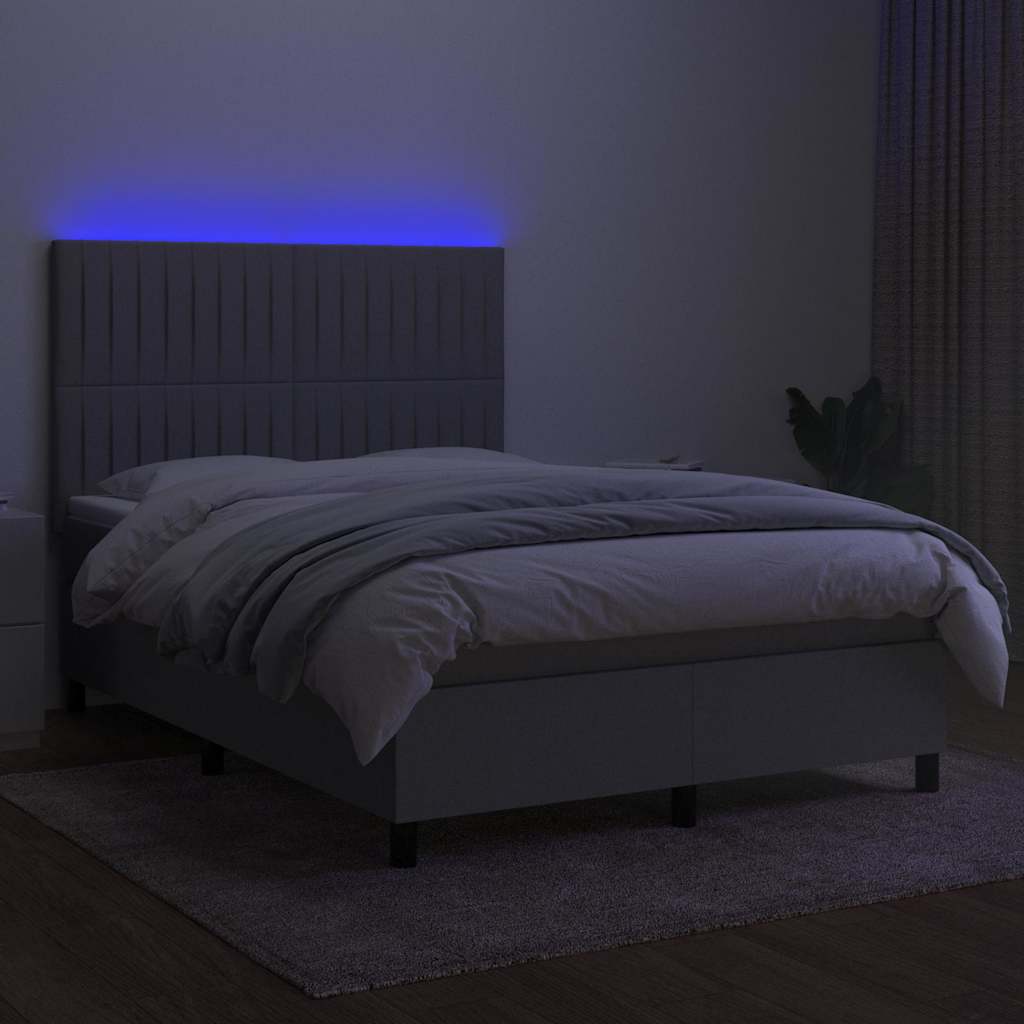 Krevet box spring s madracem LED svjetlosivi 140x200 cm tkanina