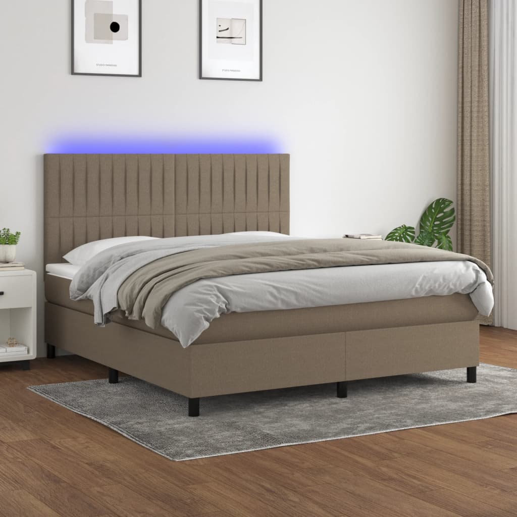 Krevet box spring s madracem LED smeđesivi 160x200 cm tkanina