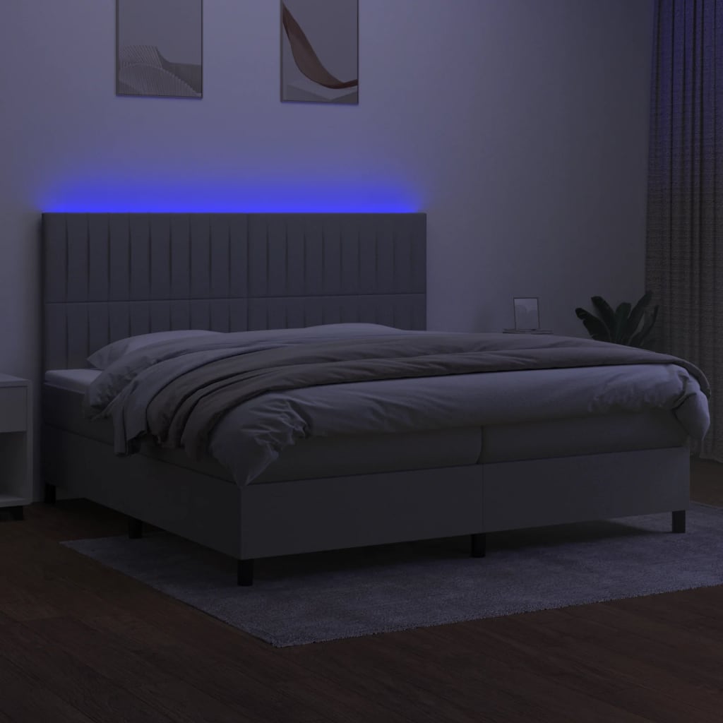 Krevet box spring s madracem LED svjetlosivi 200x200 cm tkanina