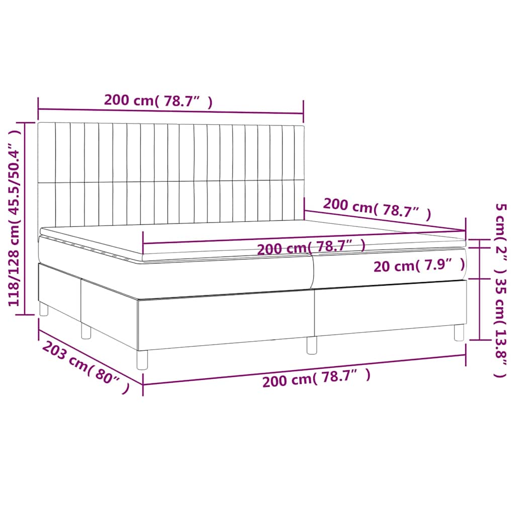 Krevet box spring s madracem LED svjetlosivi 200x200 cm tkanina