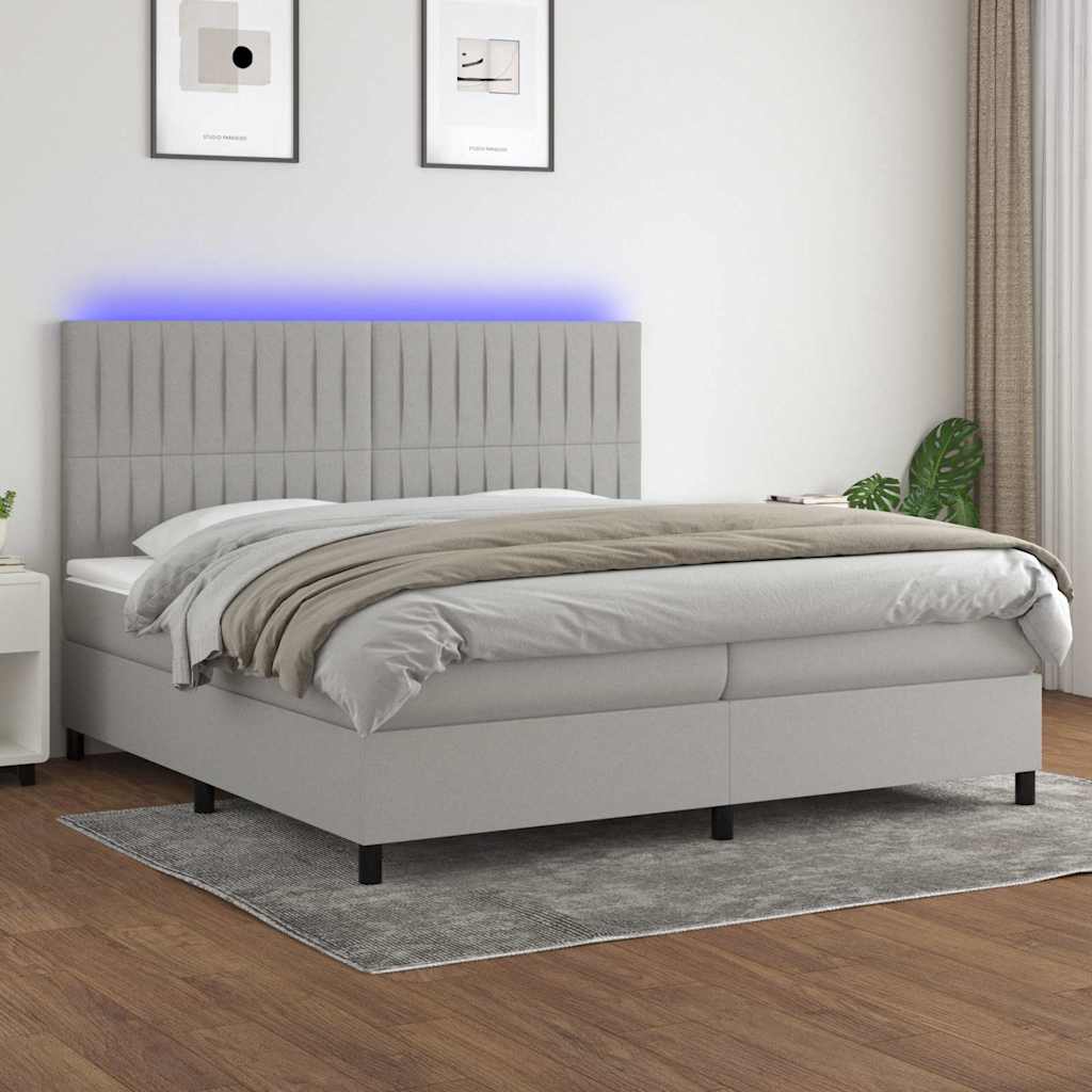 Krevet box spring s madracem LED svjetlosivi 200x200 cm tkanina