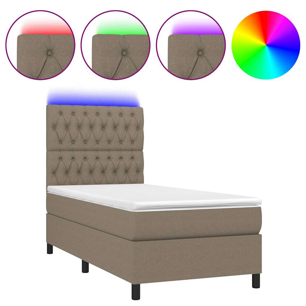 Krevet box spring s madracem LED smeđesivi 90x200 cm tkanina