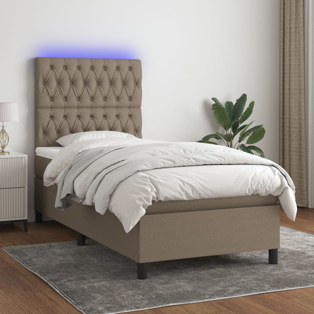 Krevet box spring s madracem LED smeđesivi 90x200 cm tkanina