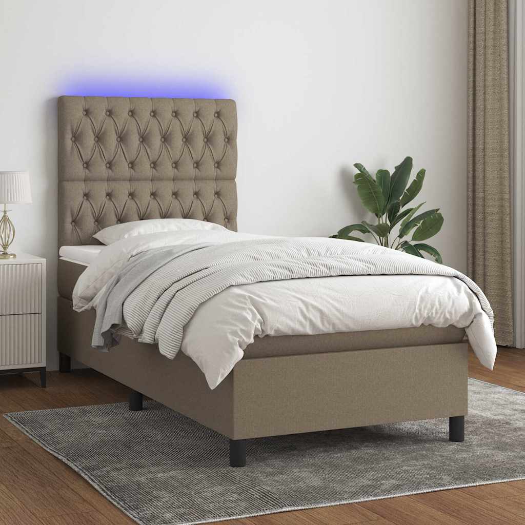 Krevet box spring s madracem LED smeđesivi 90x200 cm tkanina
