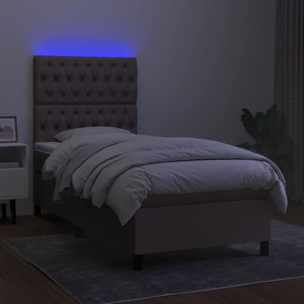 Krevet box spring s madracem LED smeđesivi 100x200 cm tkanina