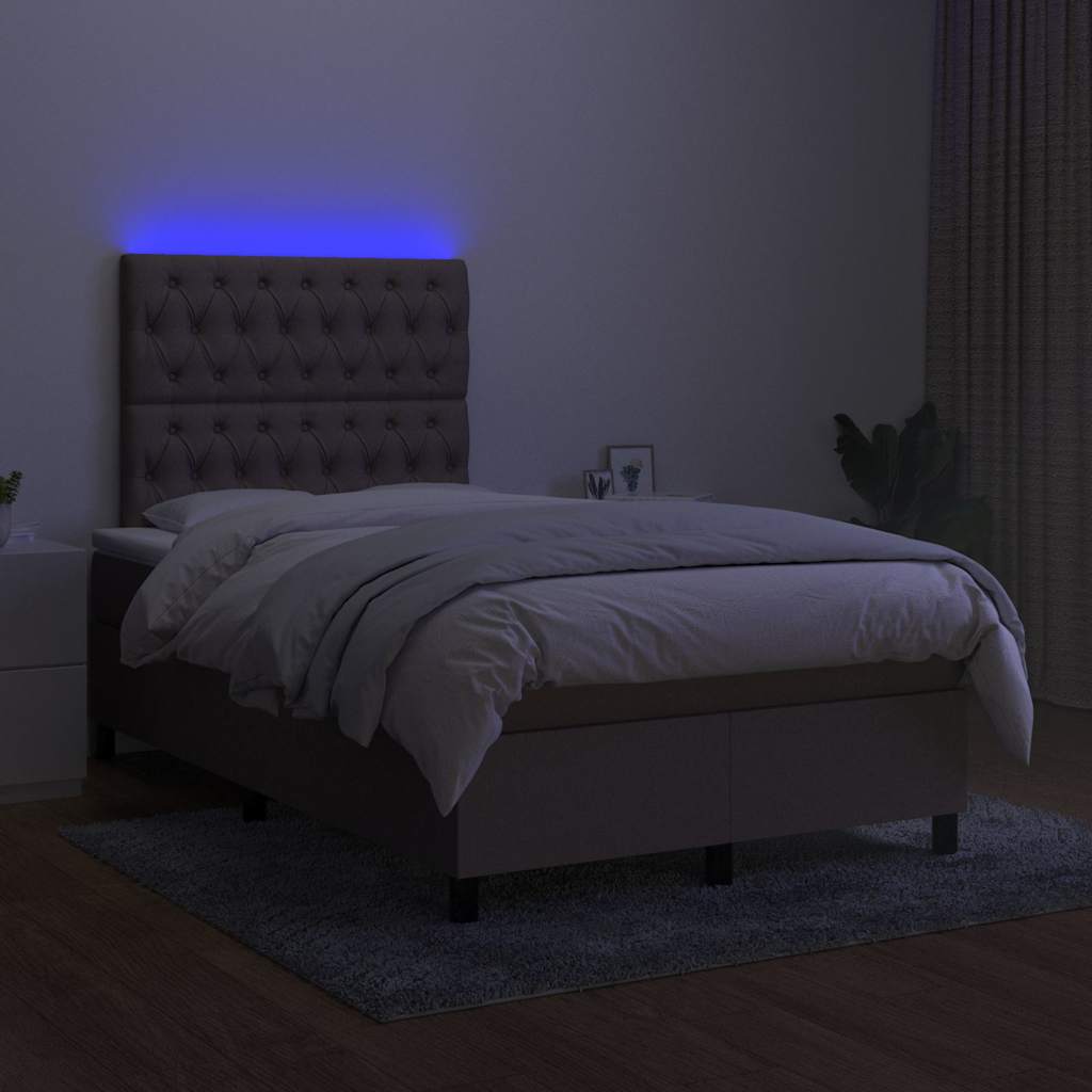 Krevet box spring s madracem LED smeđesivi 120 x 200 cm tkanina