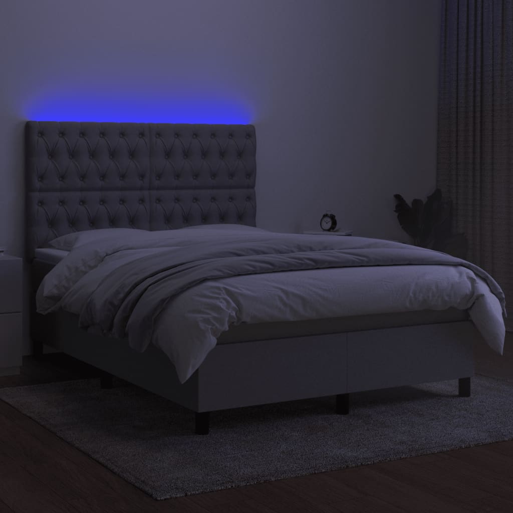 Krevet box spring s madracem LED svjetlosivi 140x190 cm tkanina