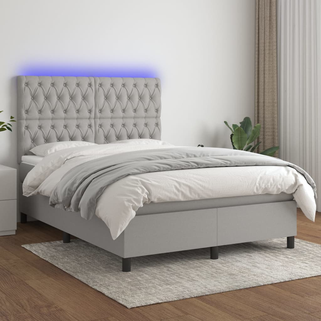 Krevet box spring s madracem LED svjetlosivi 140x200 cm tkanina