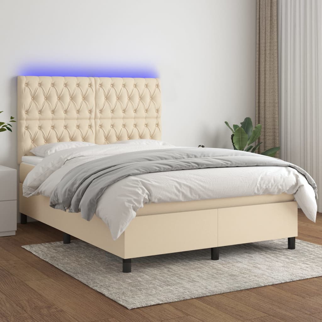 Krevet box spring s madracem LED krem 140x200 cm od tkanine