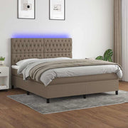 Krevet box spring s madracem LED smeđesivi 180x200 cm tkanina