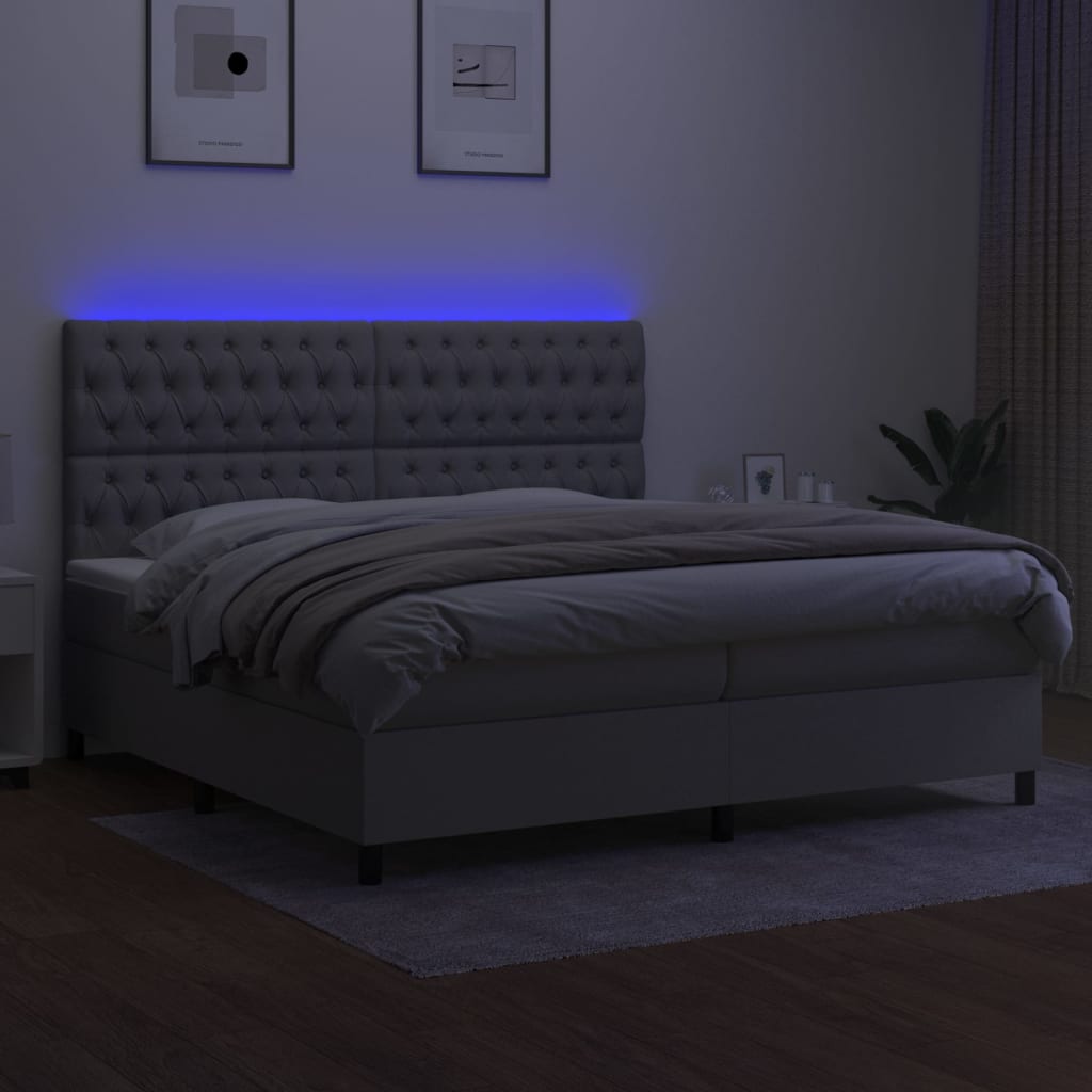 Krevet box spring s madracem LED svjetlosivi 200x200 cm tkanina