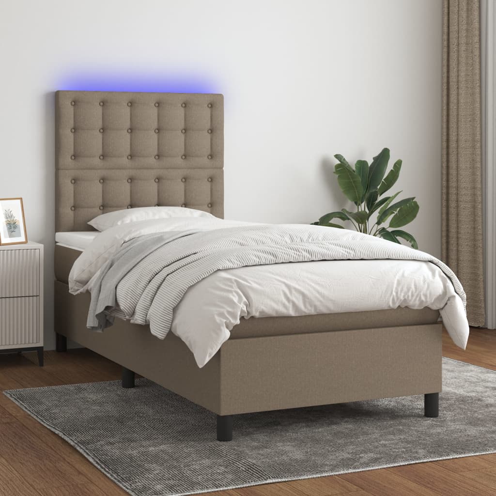 Krevet box spring s madracem LED smeđesivi 90x190 cm tkanina