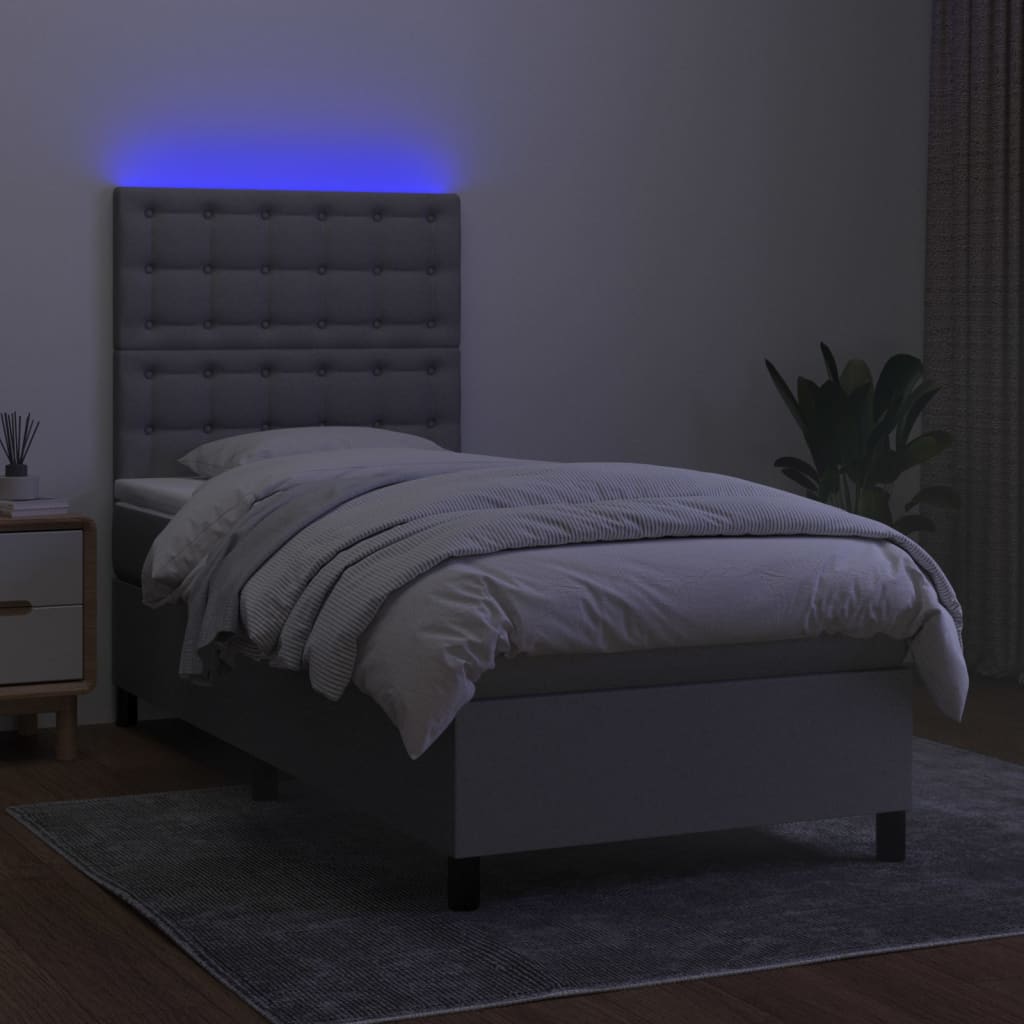Krevet box spring s madracem LED svjetlosivi 90x200 cm tkanina