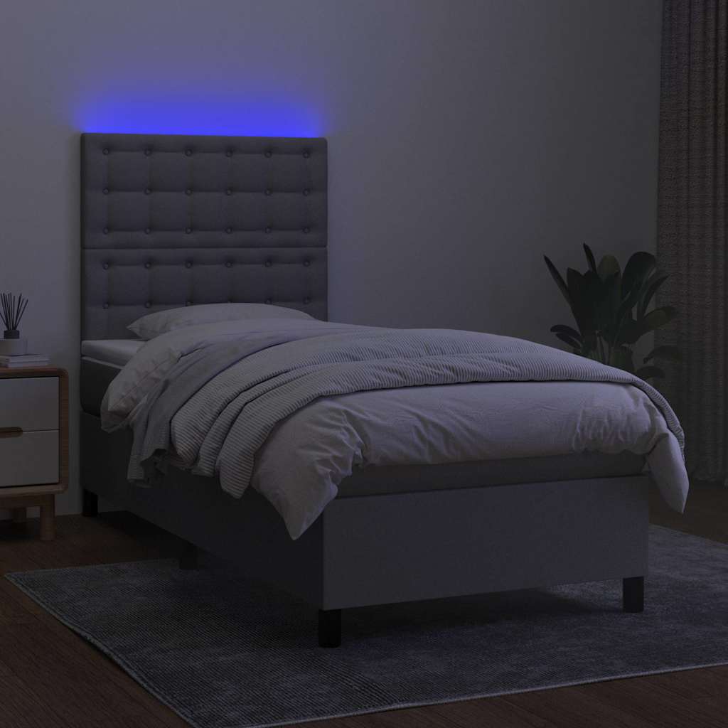 Krevet box spring s madracem LED svjetlosivi 90x200 cm tkanina