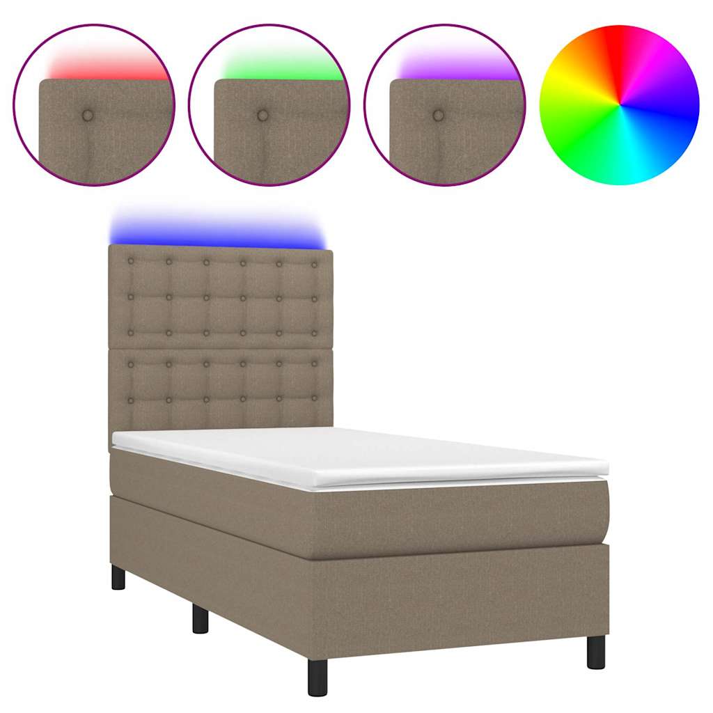 Krevet box spring s madracem LED smeđesivi 90x200 cm tkanina