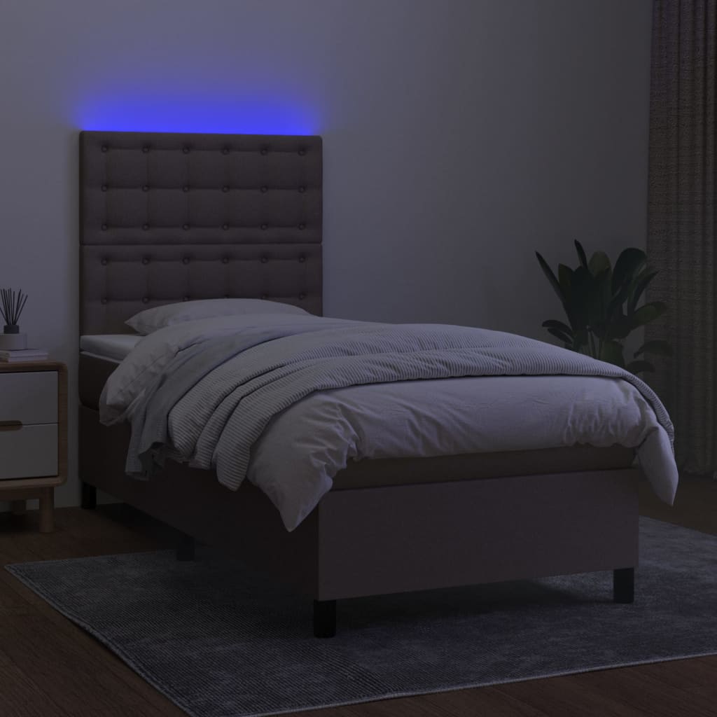 Krevet box spring s madracem LED smeđesivi 90x200 cm tkanina