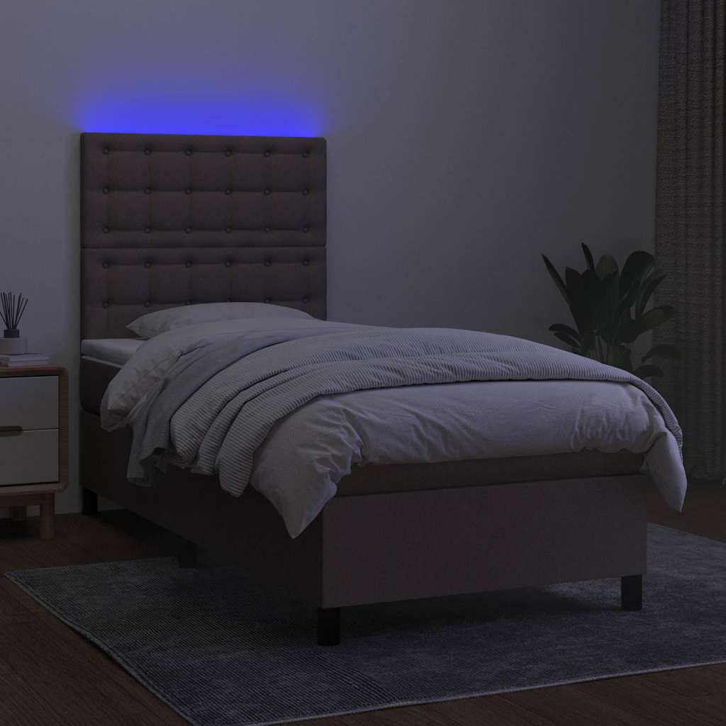 Krevet box spring s madracem LED smeđesivi 90x200 cm tkanina