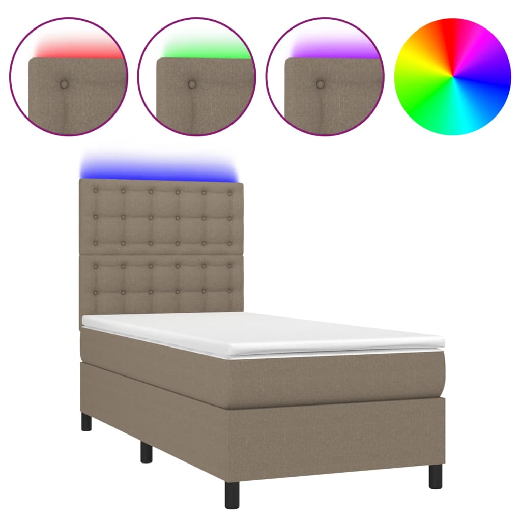 Krevet box spring s madracem LED smeđesivi 100x200 cm tkanina