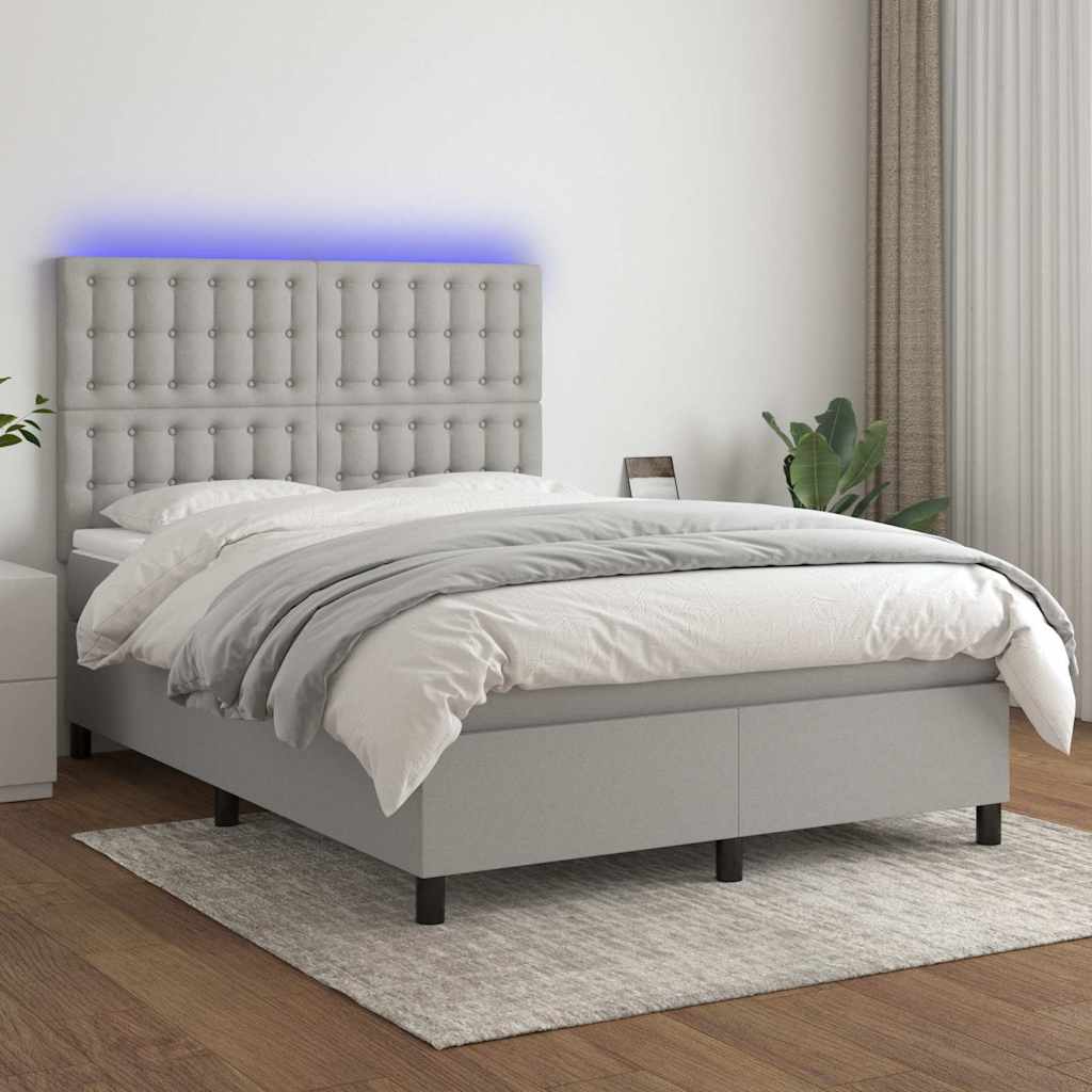 Krevet box spring s madracem LED svjetlosivi 140x200 cm tkanina
