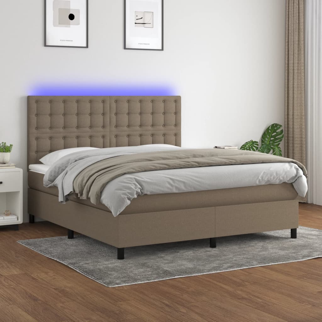 Krevet box spring s madracem LED smeđesivi 160x200 cm tkanina